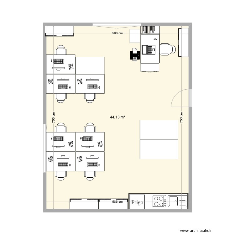 bureau 2. Plan de 1 pièce et 44 m2