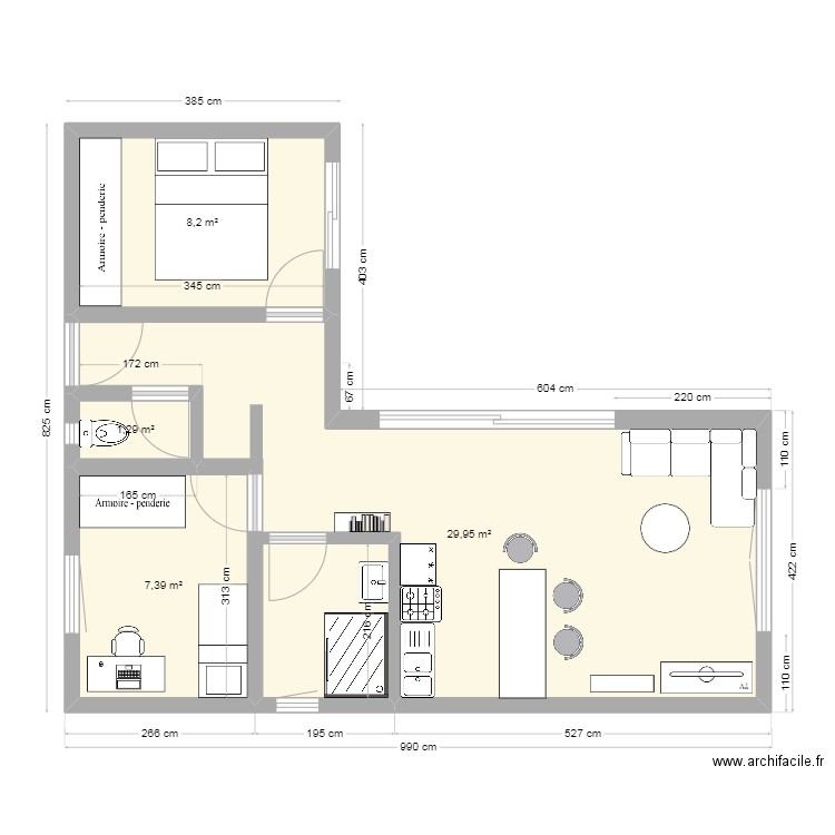 Module 50m²amenagé. Plan de 4 pièces et 47 m2