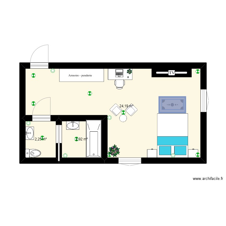 plans de chambre. Plan de 3 pièces et 29 m2