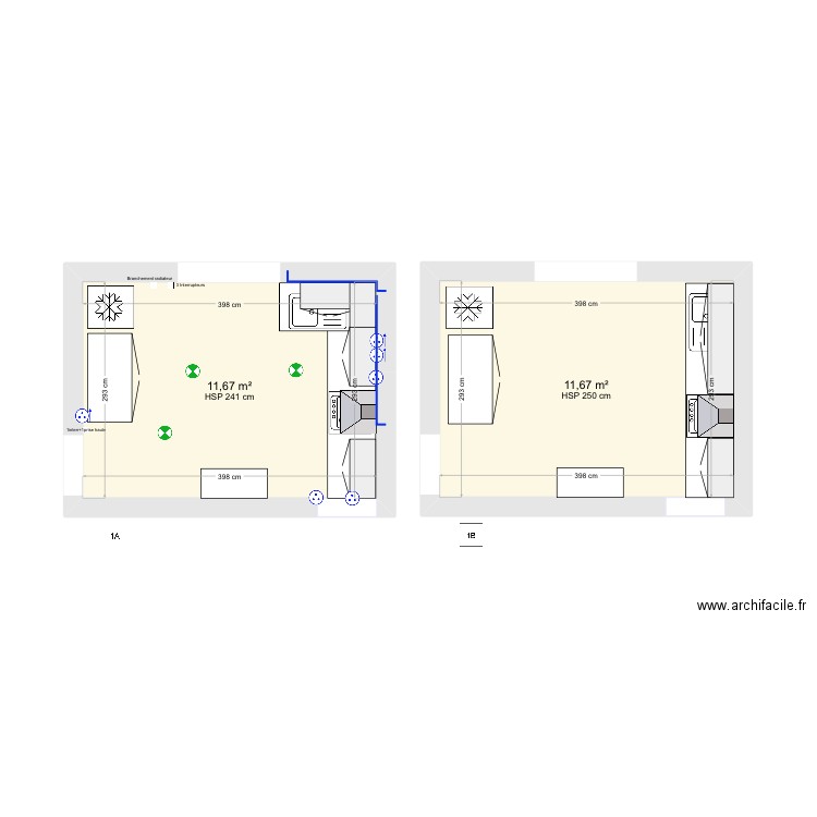 Cuisine1A-1B. Plan de 2 pièces et 23 m2