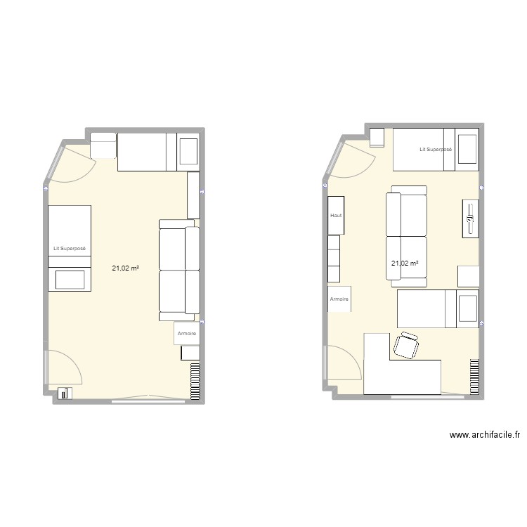 Chambre STRB. Plan de 2 pièces et 42 m2