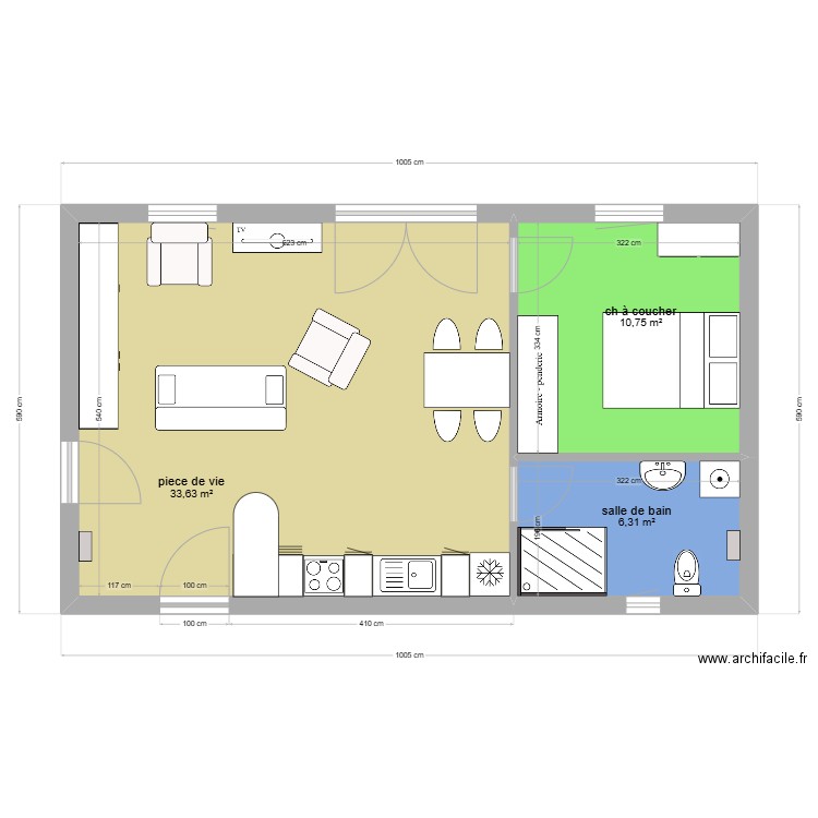 loft 1. Plan de 3 pièces et 51 m2