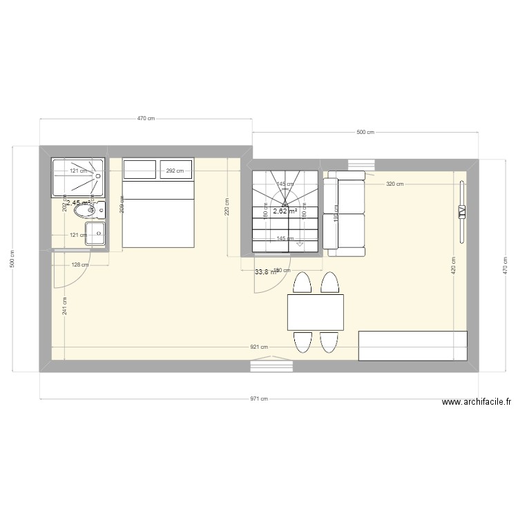 T2 combles. Plan de 3 pièces et 39 m2