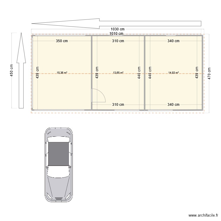 garage. Plan de 3 pièces et 44 m2