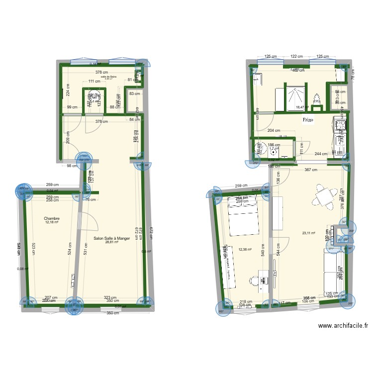 T2 1er étage. Plan de 16 pièces et 105 m2