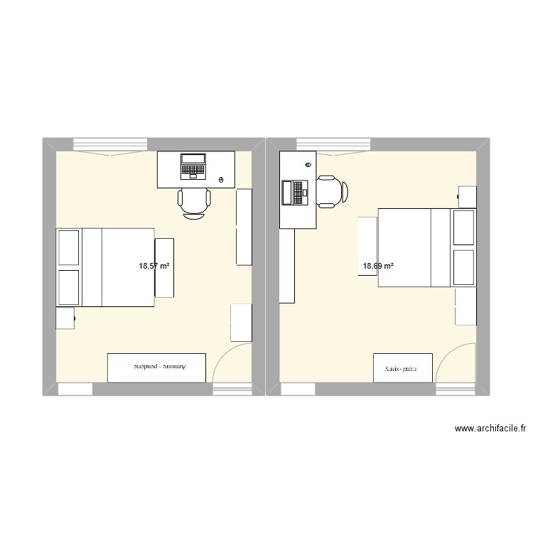 projet chambre. Plan de 2 pièces et 37 m2