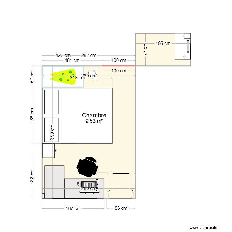 chambre karam. Plan de 2 pièces et 13 m2