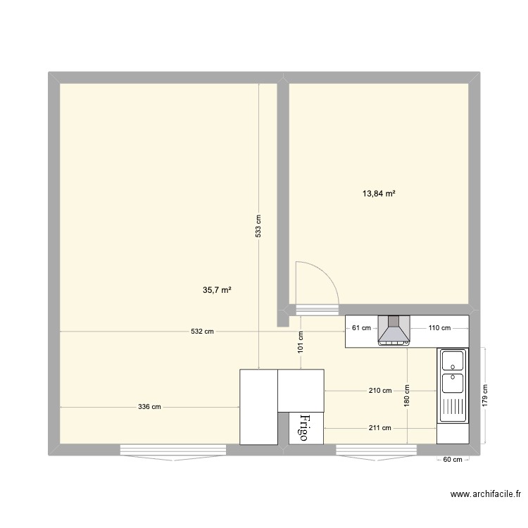 Cuisine-Salon. Plan de 2 pièces et 50 m2