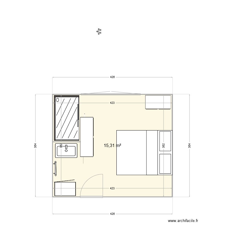 Chambre RDC 2. Plan de 1 pièce et 15 m2