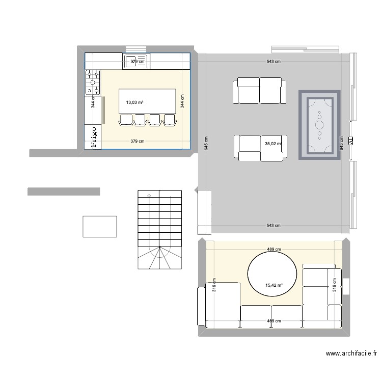 salon cuisine. Plan de 3 pièces et 63 m2