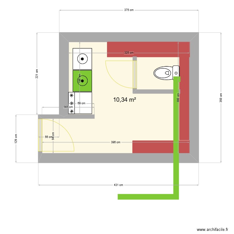 RDC ROCHEFORT wc. Plan de 1 pièce et 10 m2