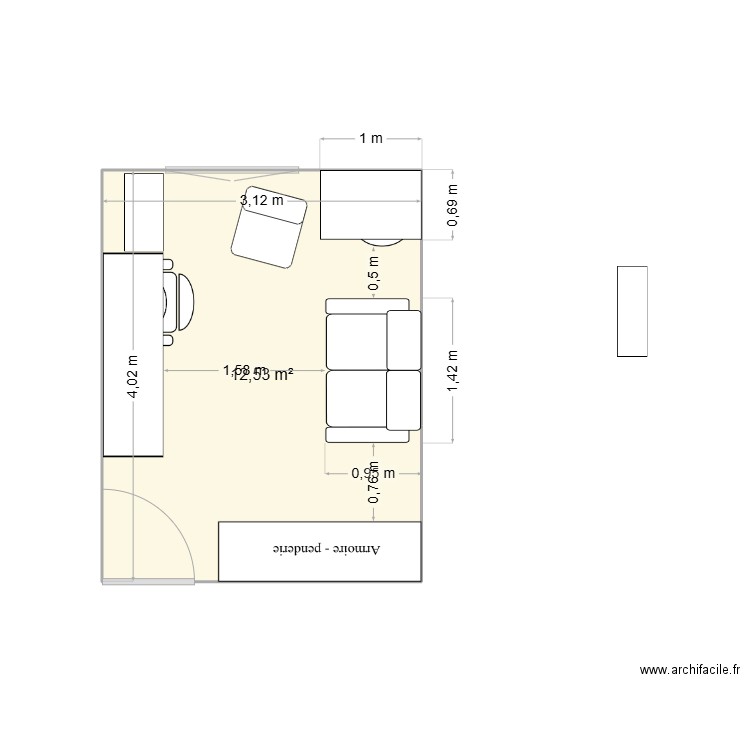 Chambre bureau. Plan de 1 pièce et 13 m2