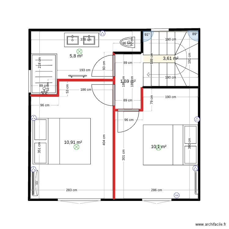 chambre etage. Plan de 5 pièces et 32 m2