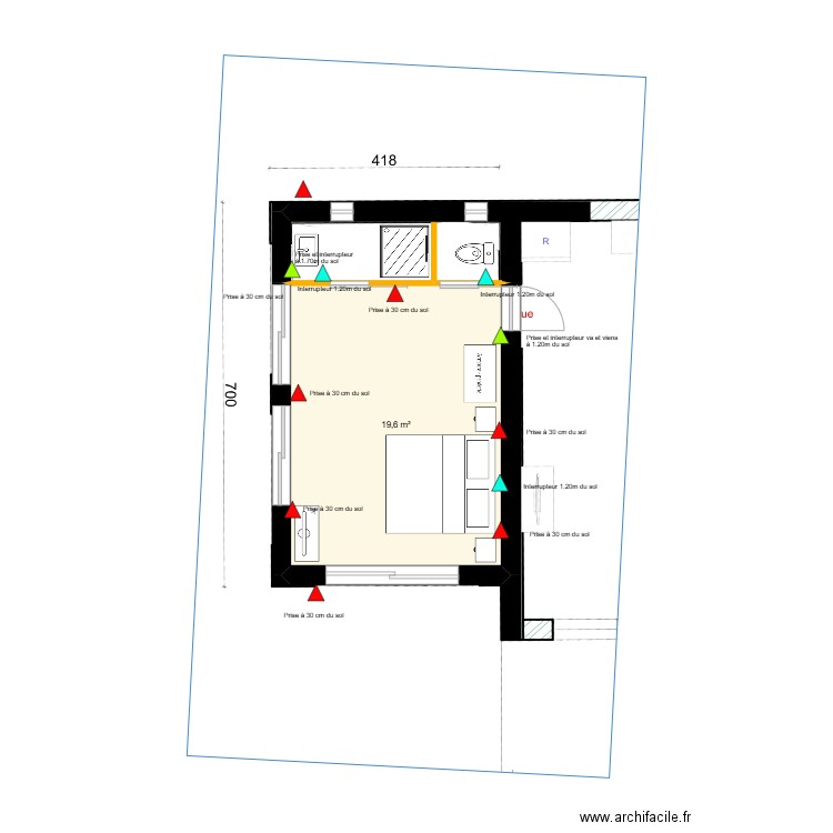 Chambre coté Petit Paradis. Plan de 1 pièce et 20 m2