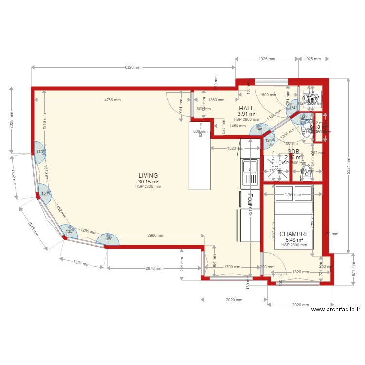 FLAT GAUCHE SITUATION PROJETEE LIT 1200X2000. Plan de 6 pièces et 43 m2