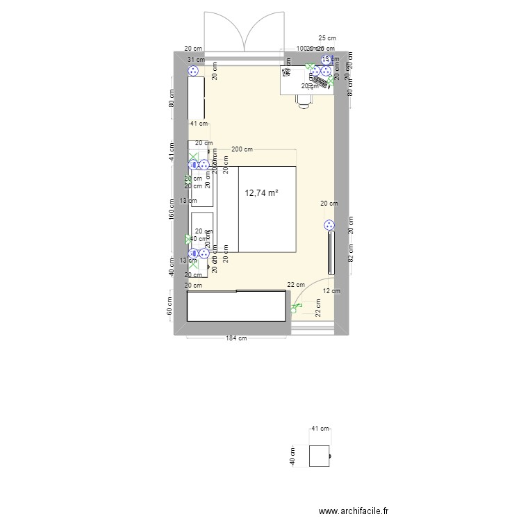 Chambre parentale. Plan de 1 pièce et 13 m2