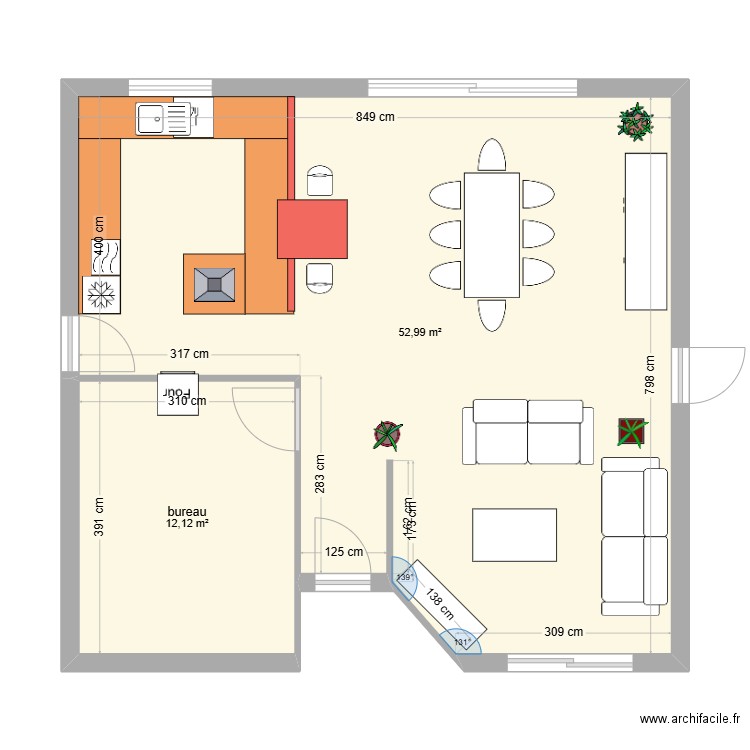 cuisine 2. Plan de 2 pièces et 65 m2