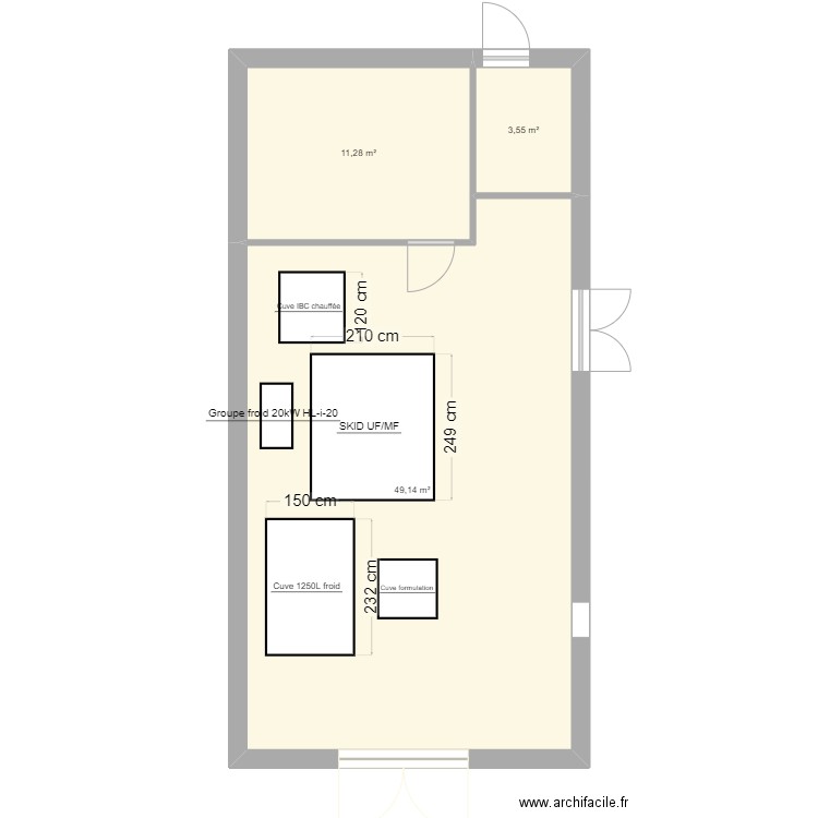 Plan local R&D. Plan de 3 pièces et 64 m2