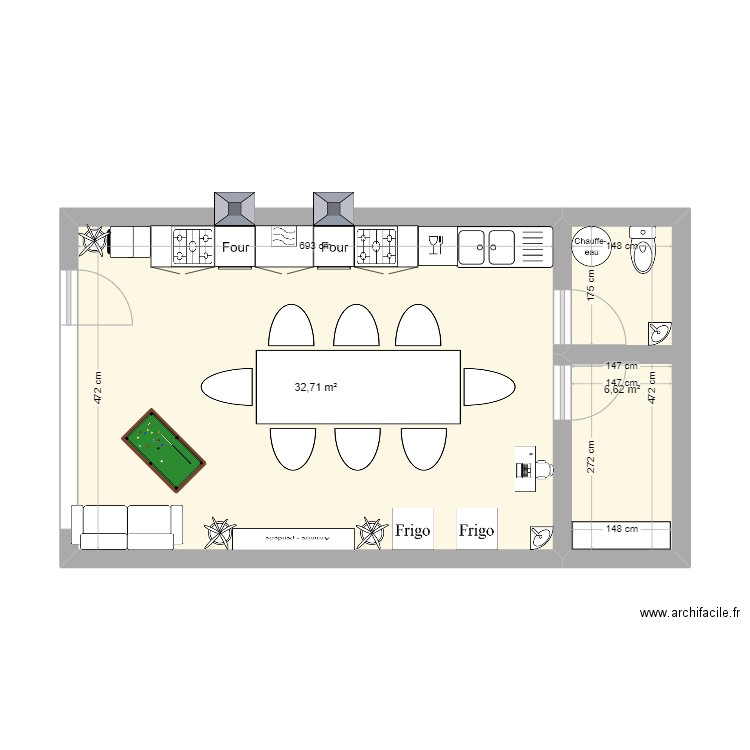 atelier culinaire. Plan de 2 pièces et 39 m2