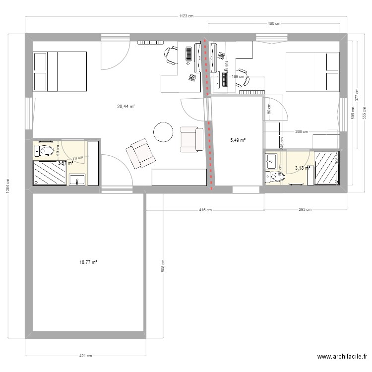 etage annexe. Plan de 3 pièces et 76 m2