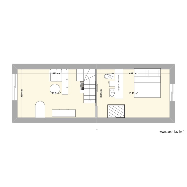 étage . Plan de 2 pièces et 34 m2