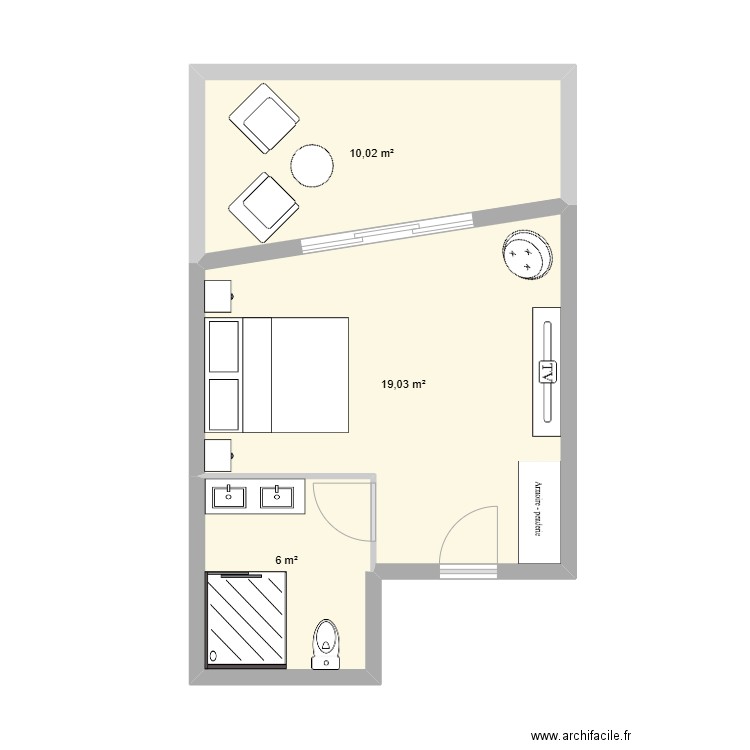 Chambre Strate. Plan de 3 pièces et 35 m2