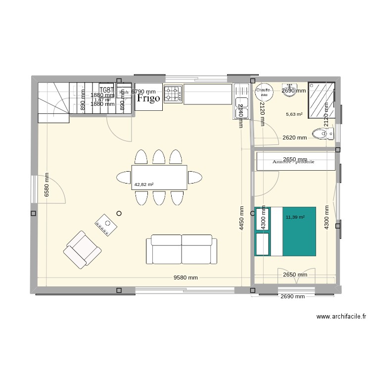 CONDAX RDC. Plan de 4 pièces et 64 m2