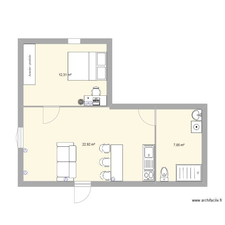 T2 07/10. Plan de 3 pièces et 43 m2