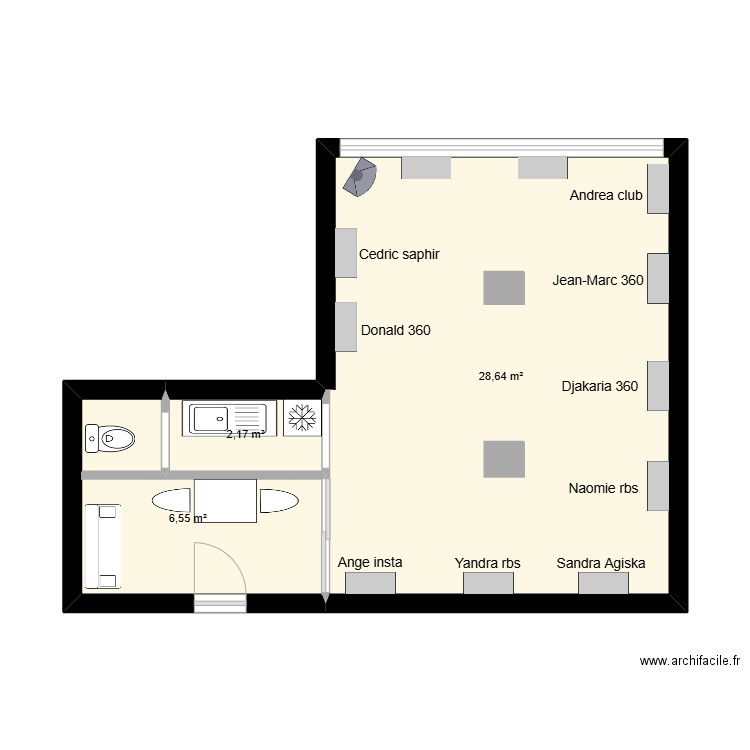 Bureau en CI. Plan de 3 pièces et 37 m2