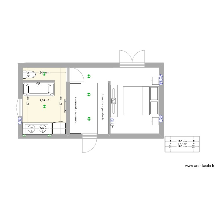 suite parentale. Plan de 2 pièces et 11 m2