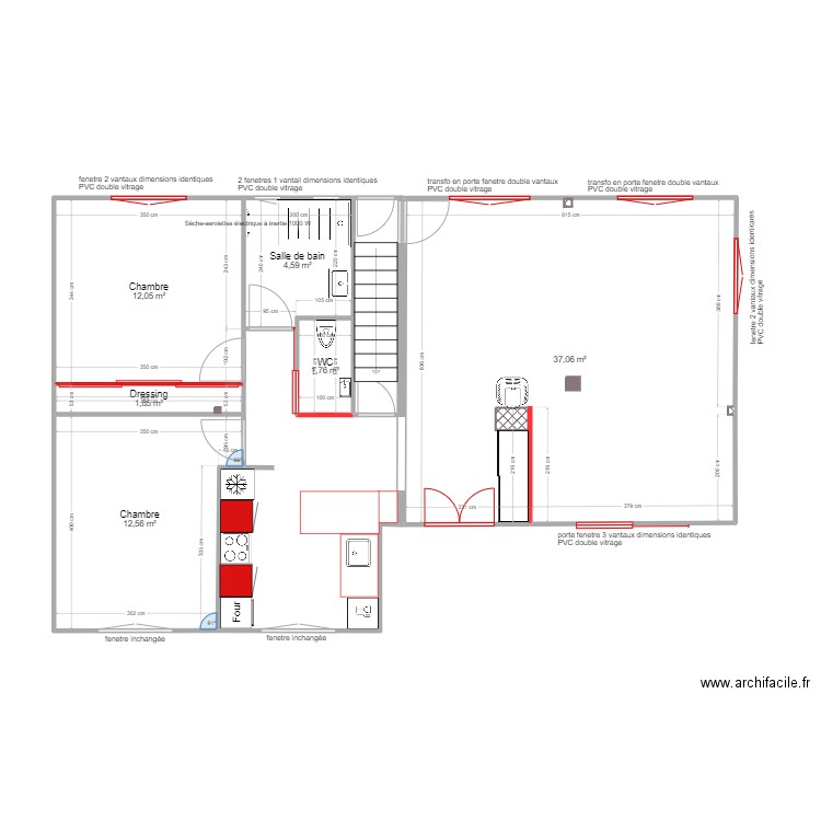 RdC rénové cuisine labo sans elec. Plan de 6 pièces et 70 m2