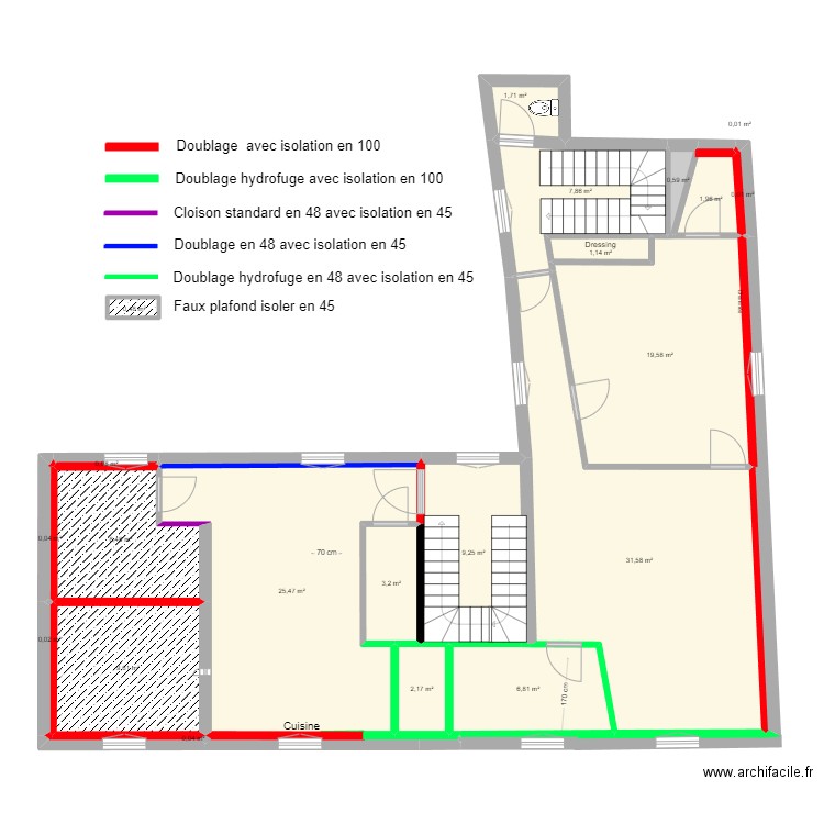 Placo 1er CDL. Plan de 21 pièces et 130 m2