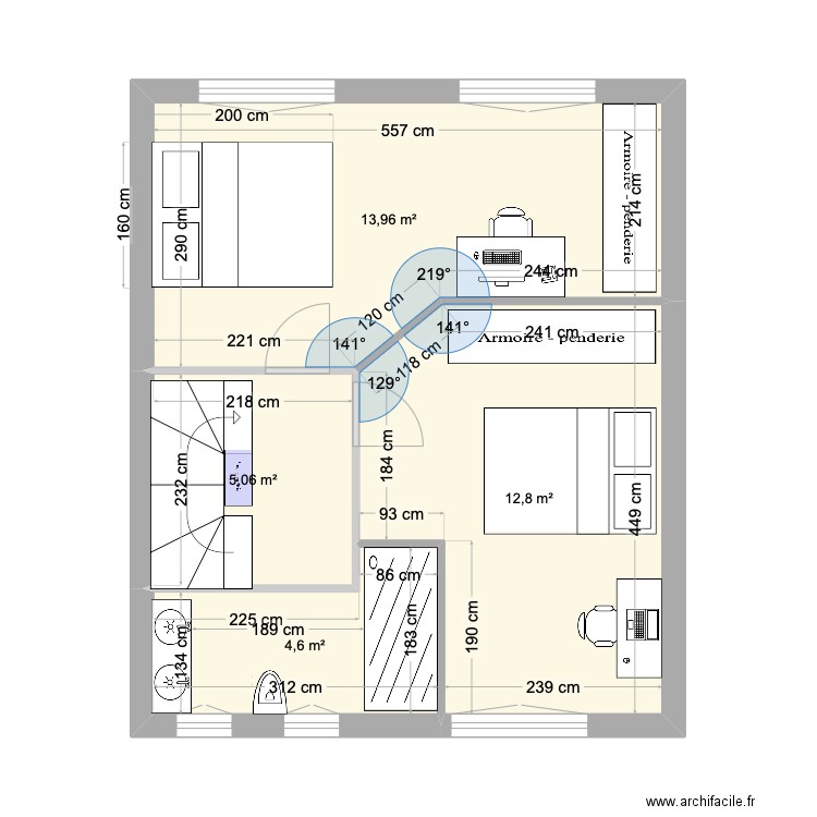 Nouveau plan étage 2 chambres. Plan de 5 pièces et 36 m2