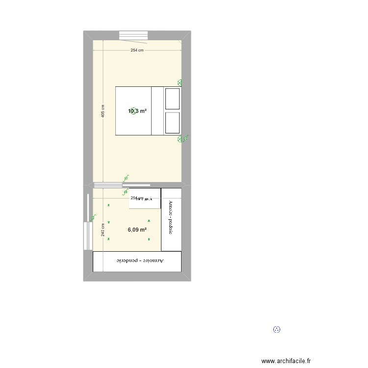 chambre. Plan de 2 pièces et 16 m2