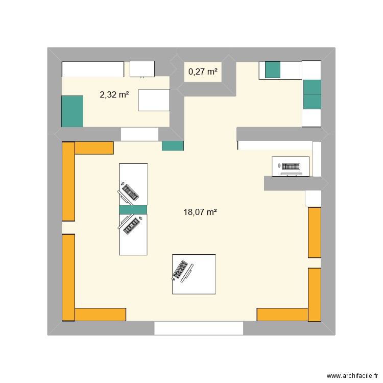 magasin. Plan de 3 pièces et 21 m2