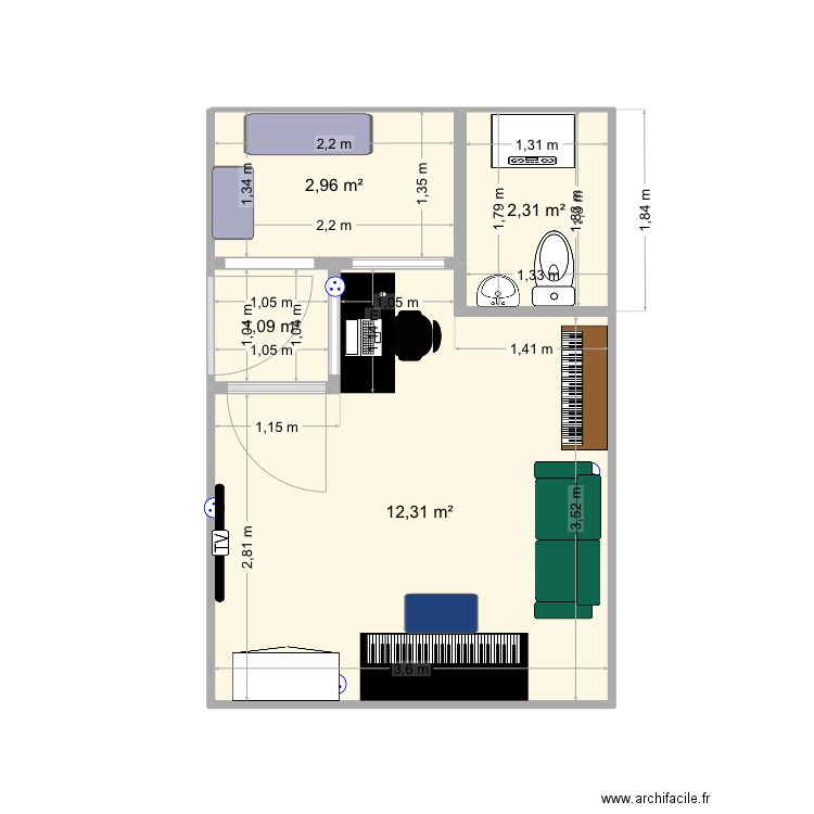 Studio 3. Plan de 4 pièces et 19 m2