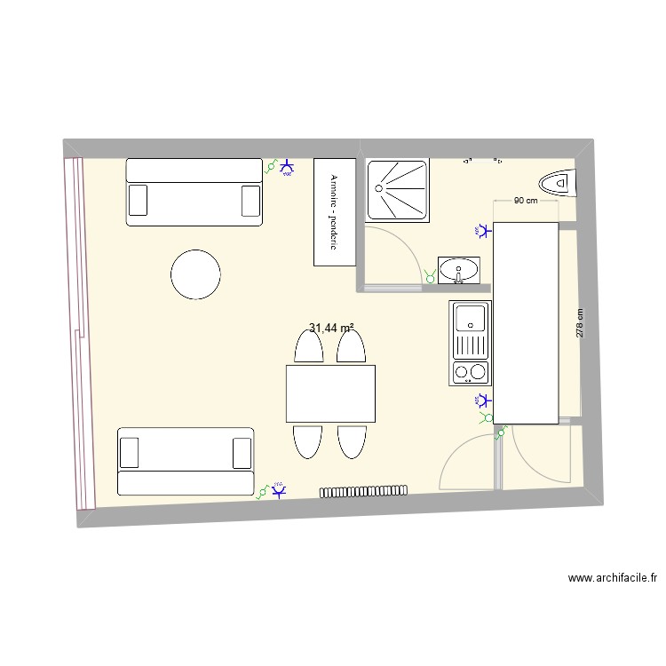 studio. Plan de 1 pièce et 31 m2