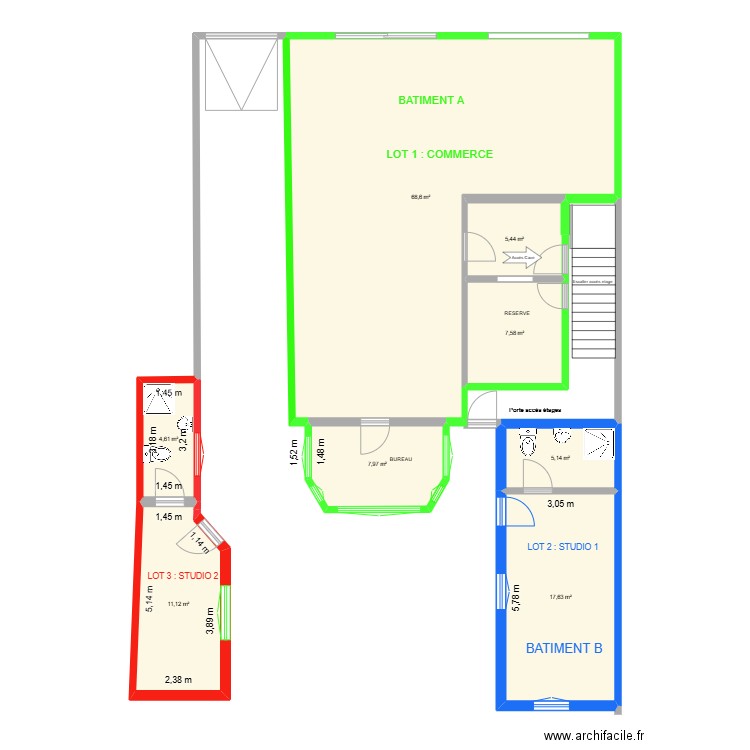 PLAN 1RDC TABAC LOT 1-2-3. Plan de 8 pièces et 128 m2