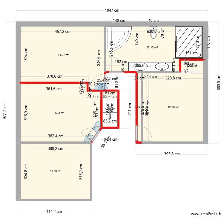 salle de bain et chambre 6. Plan de 8 pièces et 67 m2