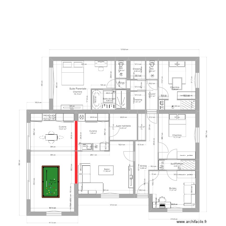 MOLLEGES T8  2 salles d'eau, 1 partagée DECALAGE 1 M. Plan de 19 pièces et 137 m2