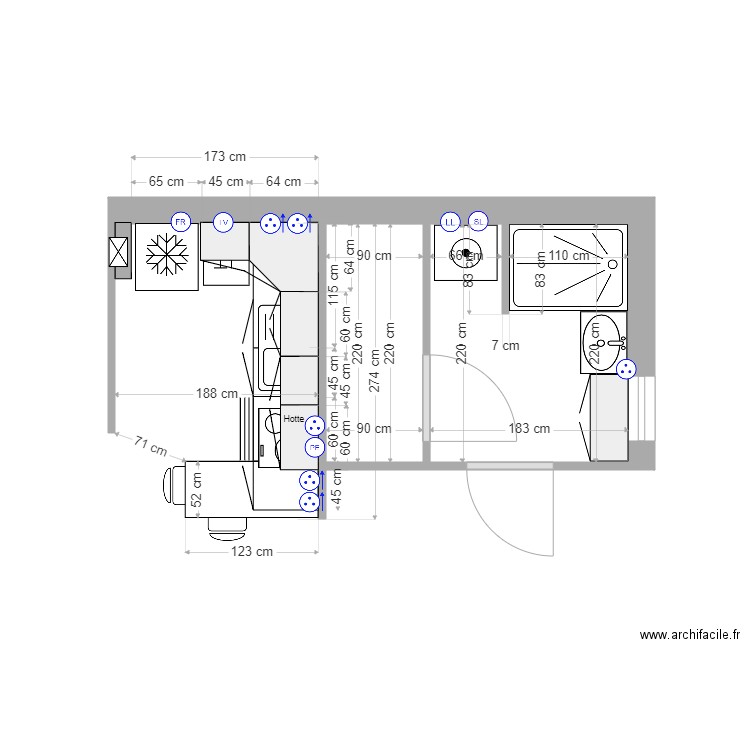 appart Serge. Plan de 2 pièces et 6 m2