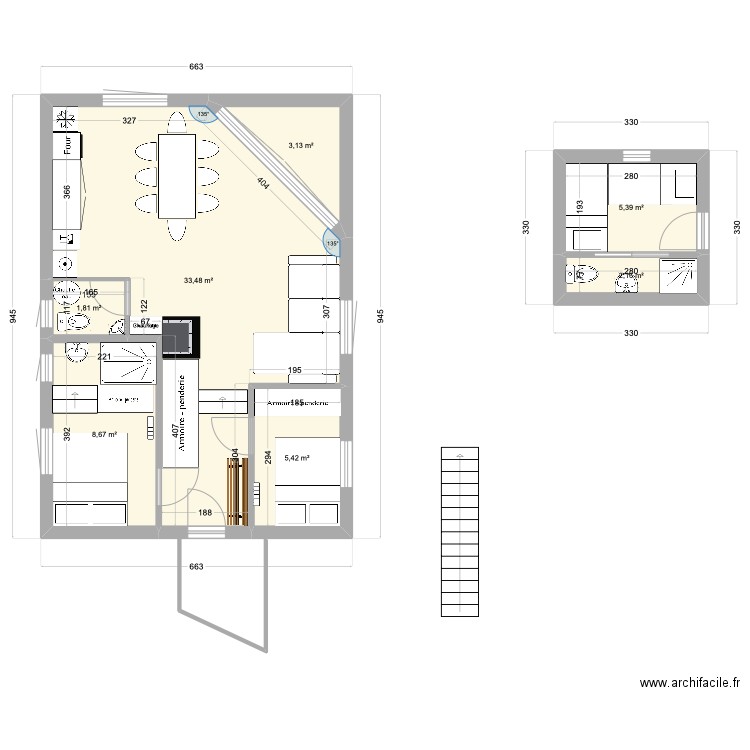 Chalet V4. Plan de 7 pièces et 60 m2