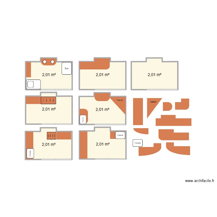 Box 1 chambre. Plan de 7 pièces et 14 m2