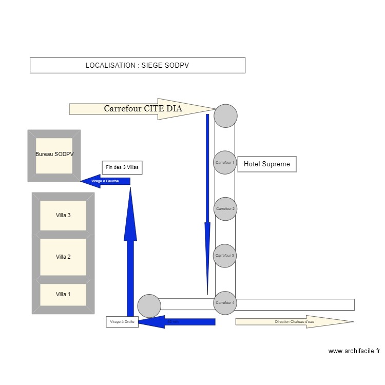 LOCALISATION SIEGE SODPV. Plan de 4 pièces et 6 m2