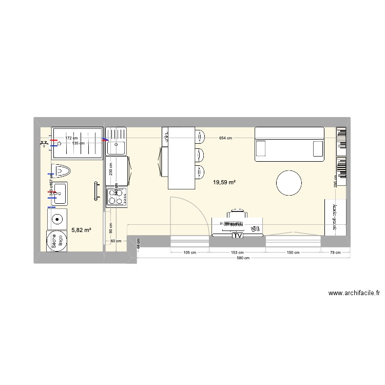 Studio V2. Plan de 2 pièces et 25 m2