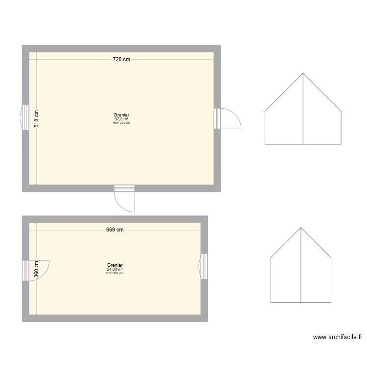 Grenier . Plan de 2 pièces et 61 m2