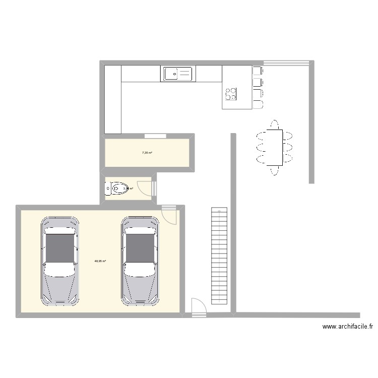 RDC. Plan de 3 pièces et 60 m2