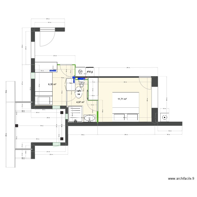 Pl6 Feb-25 sov bad wc. Plan de 3 pièces et 23 m2