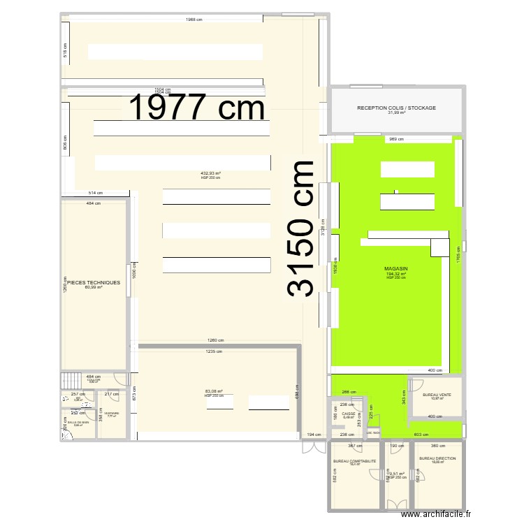 Magasin gondoles 2025. Plan de 15 pièces et 890 m2