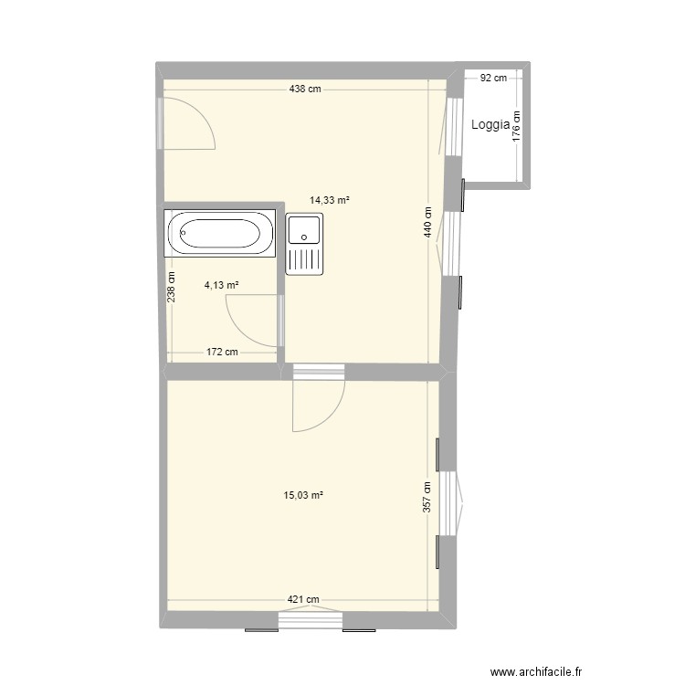 Brasseur 2e 2P avec cote. Plan de 3 pièces et 33 m2